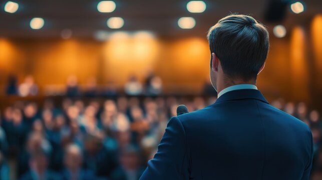 Confident speaker captivates audience during business seminar at modern venue