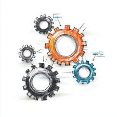 Hand-Drawn Interconnected Gears &ndash; Strategy & Growth Concept on White Background