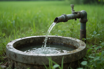 "Old Water Pump with Flowing Fresh Water in Rural Field - Groundwater Source, Farming Irrigation, Clean Drinking Water Supply"

