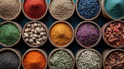 Collection of multiple wooden bowls filled with different types of spices. the bowls are arranged in a grid-like pattern, with each bowl containing a different type of spice.