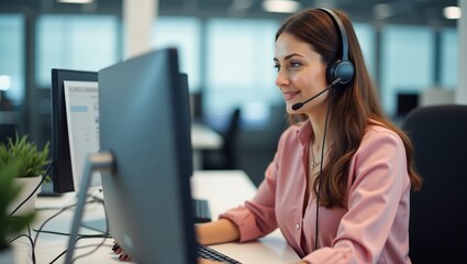 Support Specialist: A focused customer service representative, immersed in her work environment. The image captures a professional and helpful ambiance.