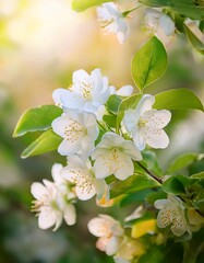 Obraz premium Spring Blossoms in Sunlight with Fresh Green Leaves and a Soft Natural Background
