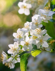 Obraz premium Spring Blossoms in Sunlight with Fresh Green Leaves and a Soft Natural Background