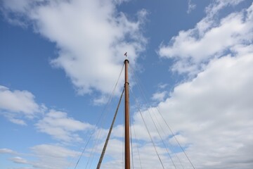 Obraz premium A Tall Sailboat Mast Against a Bright Blue Sky with Fluffy Clouds, Capturing the Essence of Nautical Adventures on a Calm Day at Sea