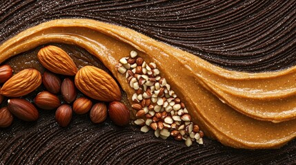 Close-up of a peanut butter spread on a dark brown surface. the peanut butter is in the shape of a curved line, with the ends of the peanut butter curling around the edges.