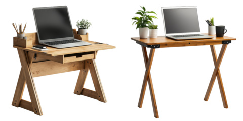 Modern Wooden Desks with Laptops and Decorative Plants