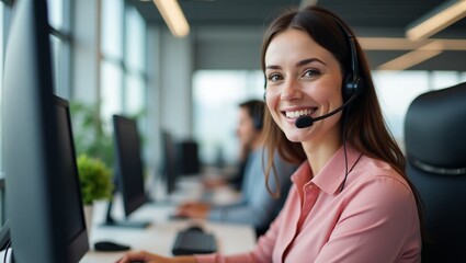 Smiling Support: A cheerful woman, adorned with a headset, engages in a conversation. Her friendly smile and attentiveness create a welcoming atmosphere.