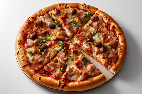a colorful pizza with vegetables and olives, one slice cut out,