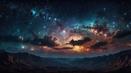 Fototapeta premium A breathtaking panoramic view of a starry night sky filled with twinkling stars and drifting clouds, capturing the beauty and vastness of the universe.