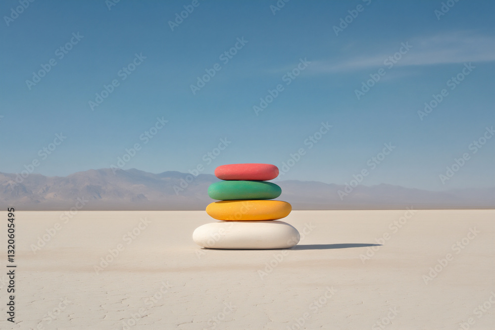 Poster a colorful stack of rocks in the middle of an empty desert,