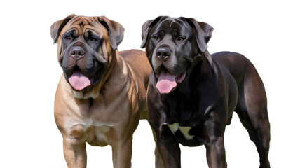 Fototapeta premium two mastiff dogs standing side by side against a white background.On the left is a fawn-colored mastiff with characteristic wrinkles on its face, particularly around the forehead and muzzle
