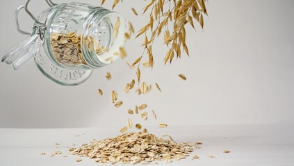 Oats pouring from a glass jar