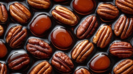 Close-up of a group of pecans arranged in a circular pattern. the pecan shells are dark brown in color and have a glossy texture.