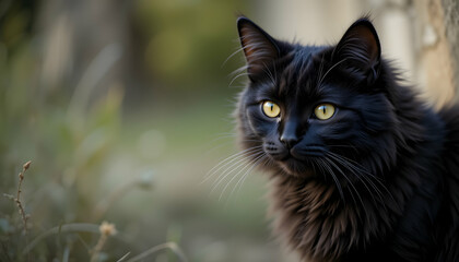 Black Cat Gazing in Garden with Bright Yellow Eyes Closeup