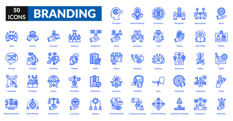 Branding blue icon set collection. Brand, ambassador, audience, credibility, identity, recognition, marketing, strategy, target, reputation, loyalty, competitive advantage, product