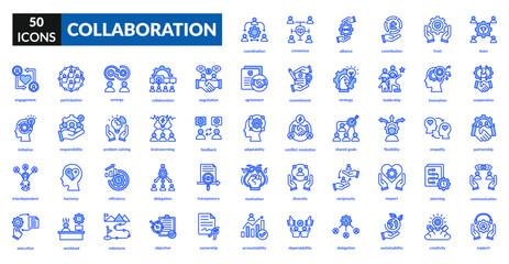 Collaboration blue icon set collection. Agreement, commitment, harmony, problem solving, partnership, participation, strategy, leadership, motivation, coordination, execution