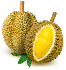 Sweet durian with leaf isolated on white background, Durian fruit isolated on white background With...