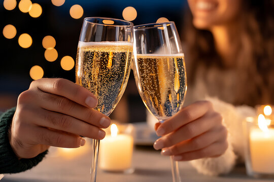 a couple clinking champagne glasses at an outdoor dining table,
