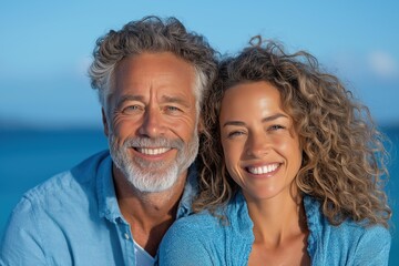 Obraz premium Happy senior couple enjoying a playful moment on the beach under the sun with gentle waves lapping at their feet
