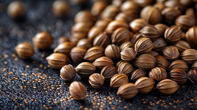 Close-up of a group of small, round, brown seeds scattered on a black surface. the seeds appear to be cumin seeds, which are known for their health benefits.