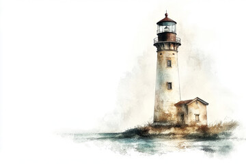 Nautical watercolor lighthouse standing tall with soft shadows, isolated on white