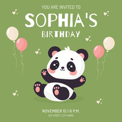 Birthday Invitation Card with cute Panda Flat vector illustration.