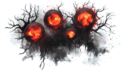 Necromantic magic with glowing red symbols, dark arcane aura, isolated on a clean white background