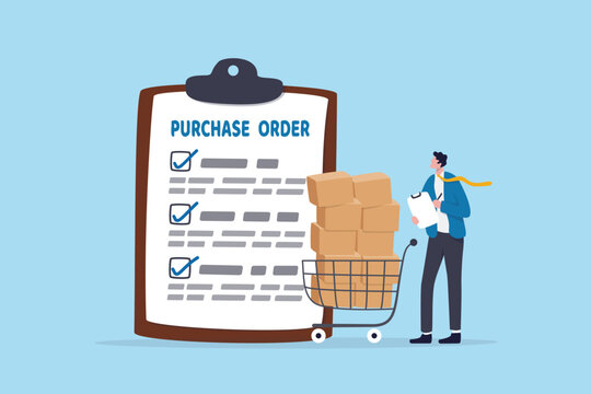 Purchase order shopping retails, procurement checklist or online store delivery, consumer product and service, marketing sale or payment concept, businessman procurement checking purchase order.