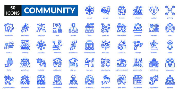 Community blue icon set collection. association, collaboration, gathering, network, public service, group, connection, society, teamwork