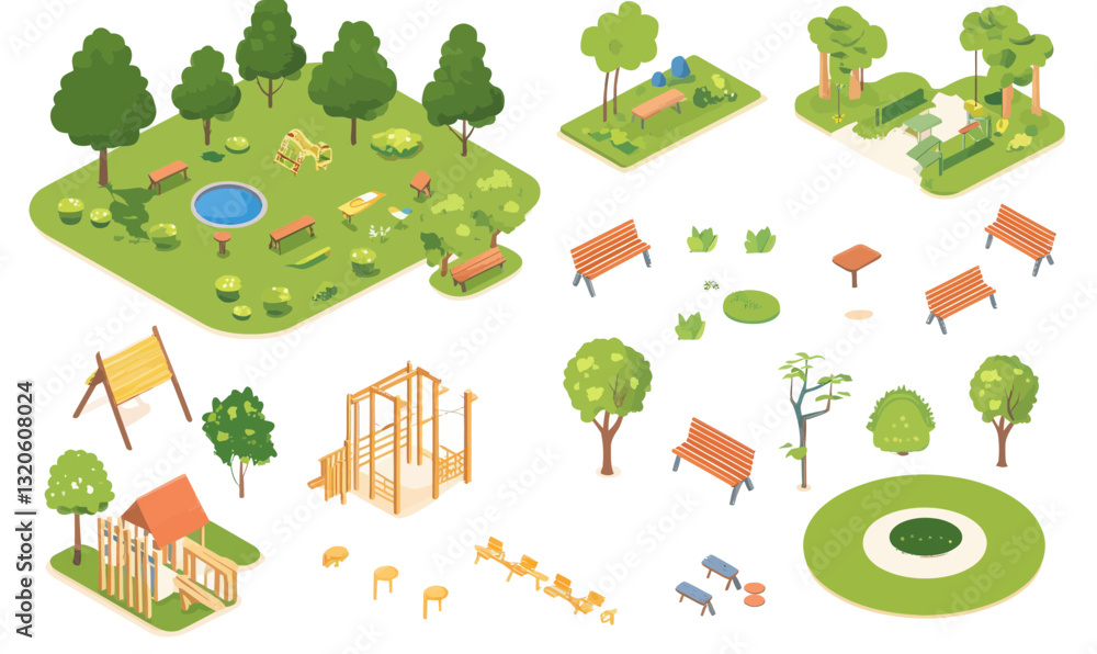 Aufkleber isometric park elements set with benches playground trees in minimalist vector style