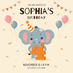Naklejka premium Birthday Invitation Card with cute Elephant Flat vector illustration.