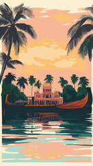 Obraz premium Retro Alleppey Kerala Cityscape with Palm Trees and Reflections in Vintage Style