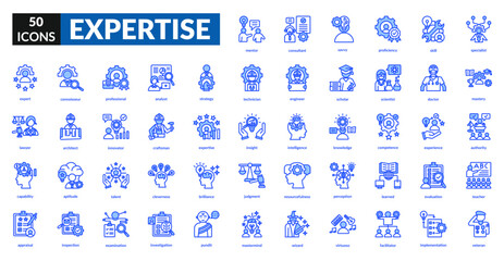 Expertise blue icon set collection. Analyst, knowledge, veteran, mastery, professional, skill, experience, proficiency, talent, ability, competence, specialist, expert