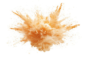 Sand explosion in warm tones, particles flying with high energy, isolated on a crisp white background