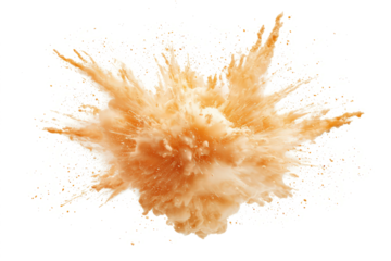 Sand explosion in warm tones, particles flying with high energy, isolated on a crisp white background
