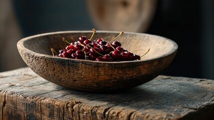 Wooden bowl filled with fresh cherries. the bowl is made of dark wood and has a rustic, weathered appearance. the cherries are bright red and appear to be ripe and juicy.