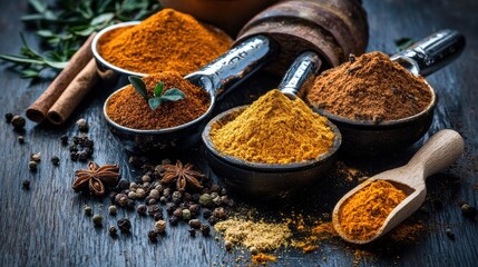 Three small bowls filled with different types of spices. the bowls are placed on a dark wooden surface.