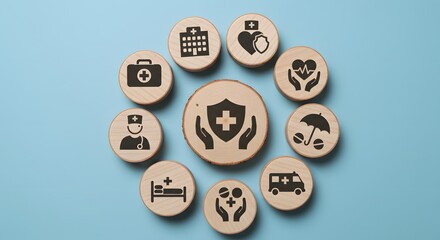 A set of wooden blocks displaying health-related icons, medical care, Health insurance and medical care concept, health insurance, and medication. healthcare services, protection, insurance coverage,