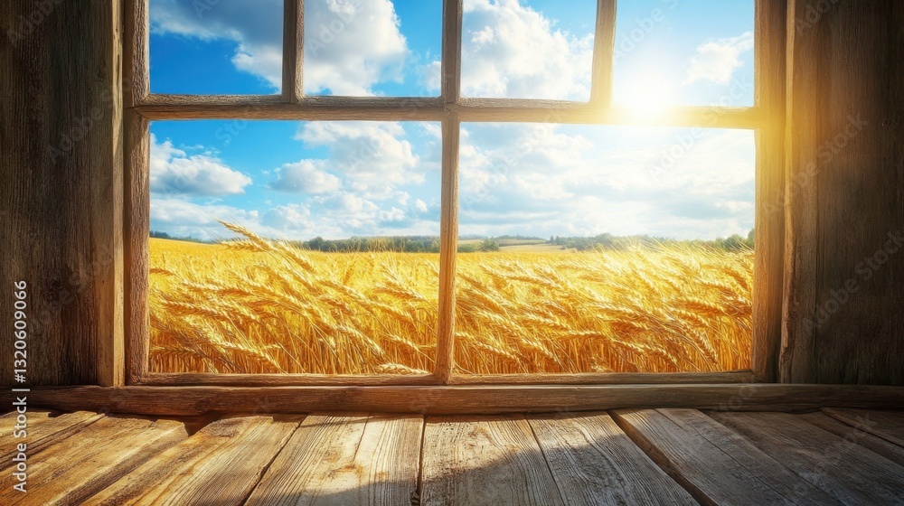 Poster sunlight streams through a rustic wooden window, illuminating golden wheat fields swaying gently und