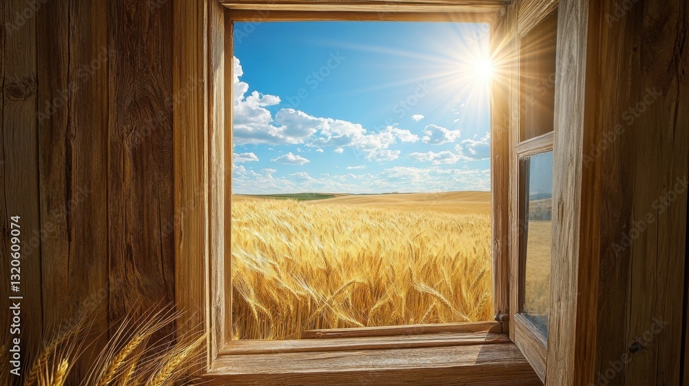 Poster sunlight streams through a rustic wooden window, illuminating golden wheat fields swaying gently und