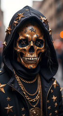 This image depicts a character with a distinctive appearance. The character is wearing a black hoodie with a gold, skull-shaped mask that has an X on each eye and a jagged mouth. 