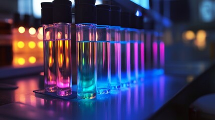 Glowing neon test tubes in dark science lab