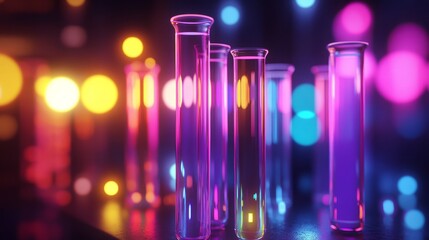 Glowing neon test tubes in dark science lab