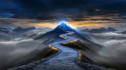 Enchanting mountain pathway meandering through a breathtaking scenic landscape with glowing lights and atmospheric clouds