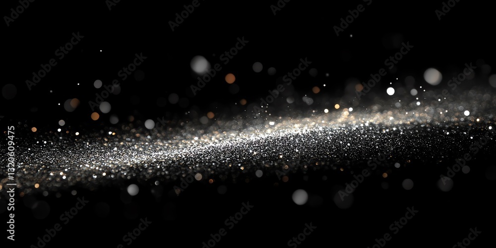 Poster floating glitter particles with bokeh on black background for elegant design