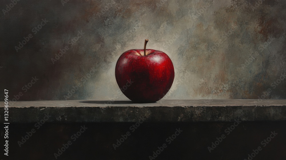 Poster suspenseful composition of a deep red apple hanging over the edge of a dark platform.