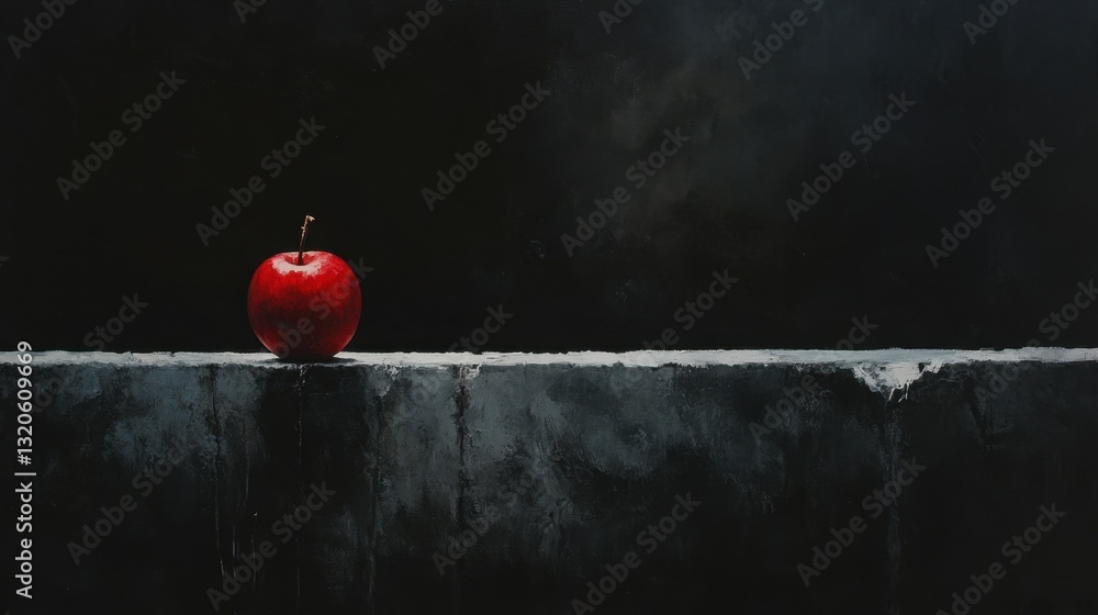 Poster suspenseful composition of a deep red apple hanging over the edge of a dark platform.