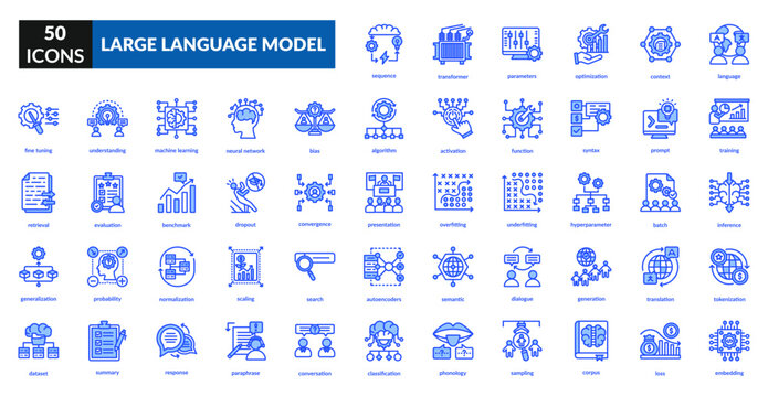 Large language model blue icon set collection. Activation, response, prompt, classification, sampling, generation, model, learning, chatbot, data, algorithm