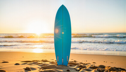 Glossy blue surfboard standing in sand at sunset, summer adventure