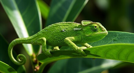 Fototapeta premium A chameleon blending perfectly with a green leaf, its skin mimicking the natural texture.